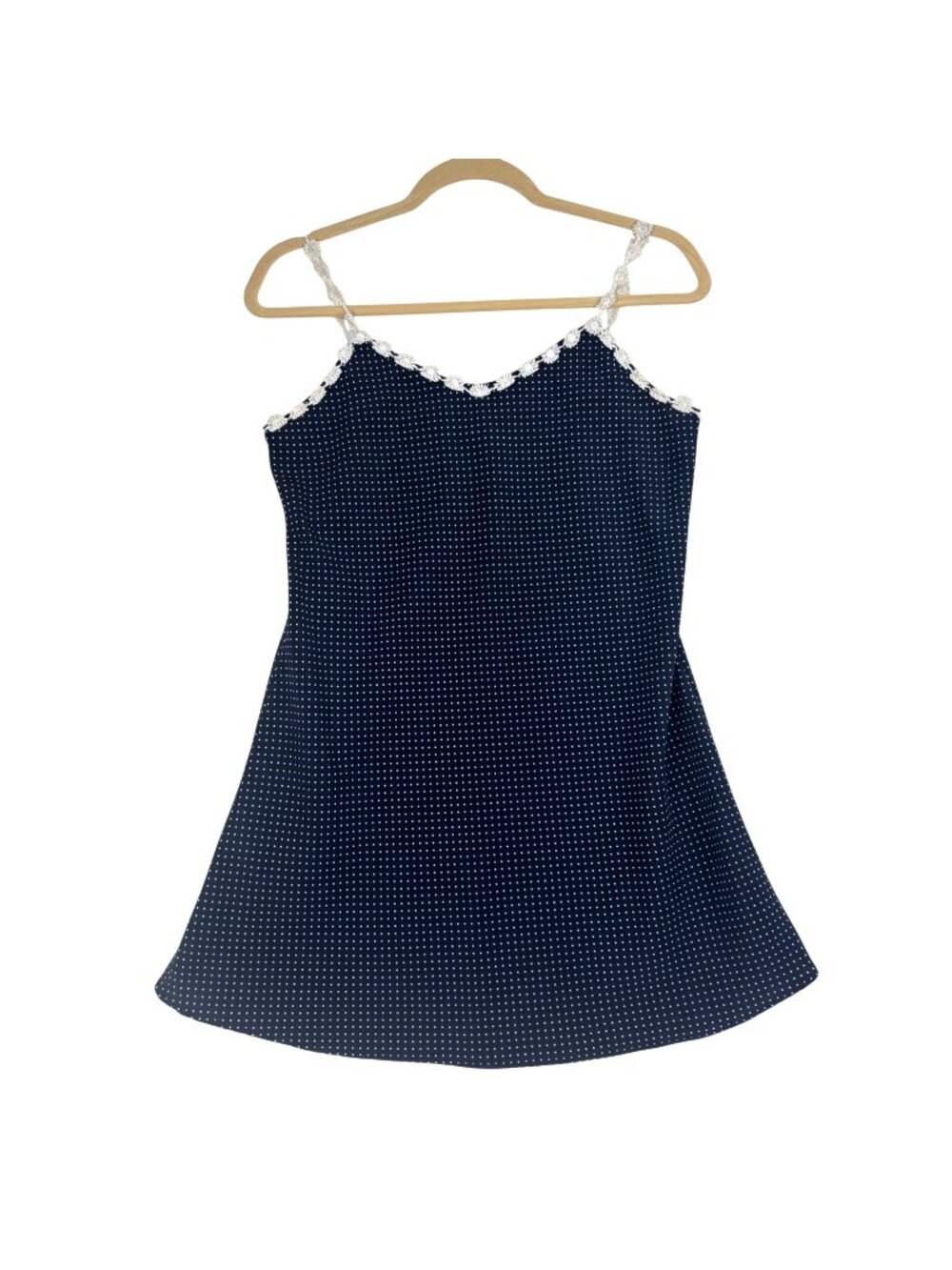 VTG LaSenza S M White Polka Dot Slip Dress Chemise Lingerie Crochet Trim Blue